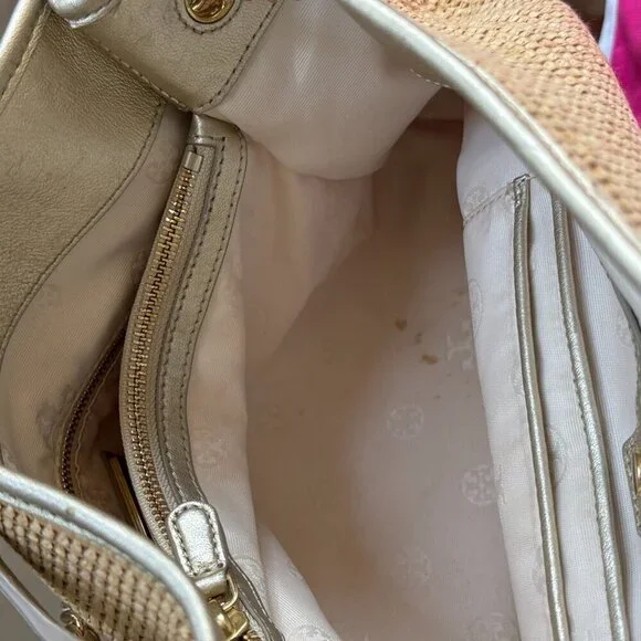 Tory Burch Woven Shoulder Bag Purse Tote Gold Accents Tassels Natural - Picture 12 of 14